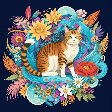 masterpiece, top quality, best quality, official art, beautiful and aesthetic, a wave scene and big weed buds around cat,(cat catcore:1.3), extremely detailed, fractal art, colorful flowers, highest detailed, zentangle, dynamic pose, abstract background, many colors, earrings, feathers,art for t-shirt,