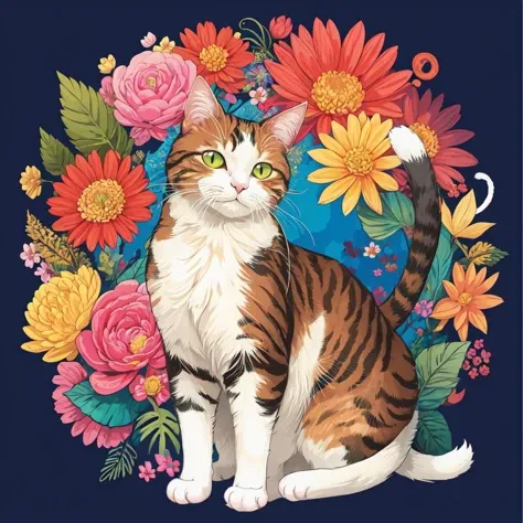 masterpiece, top quality, best quality, official art, beautiful and aesthetic, a wave scene and big weed buds around cat,(cat catcore:1.3), extremely detailed, fractal art, colorful flowers, highest detailed, zentangle, dynamic pose, abstract background, many colors, earrings, feathers,art for t-shirt,