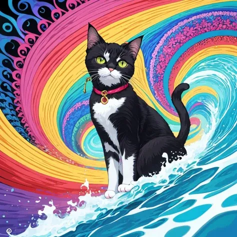 masterpiece, top quality, best quality, official art, beautiful and aesthetic, a wave scene and big weed buds around cat,(cat catcore:1.3), extremely detailed, fractal art, colorful flowers, highest detailed, zentangle, dynamic pose, abstract background, many colors, earrings, feathers,art for t-shirt,