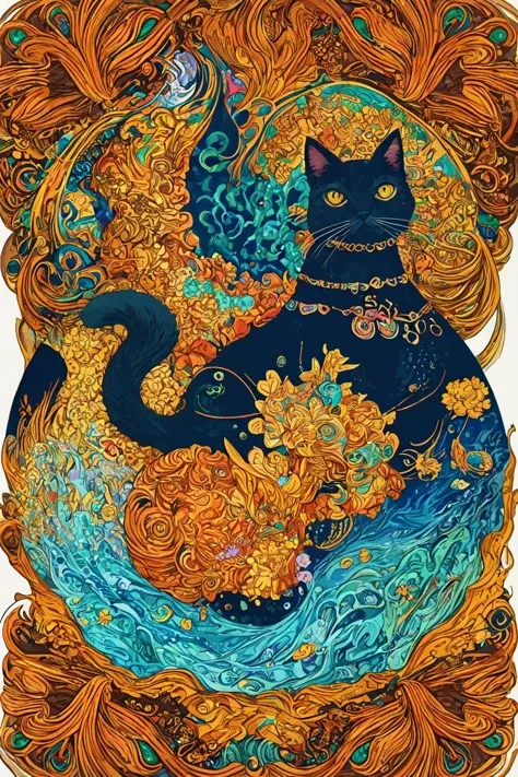 masterpiece, top quality, best quality, official art, beautiful and aesthetic, a wave scene and big weed buds around cat,(cat catcore:1.3), extremely detailed, fractal art, colorful flowers, highest detailed, zentangle, dynamic pose, abstract background, many colors, earrings, feathers