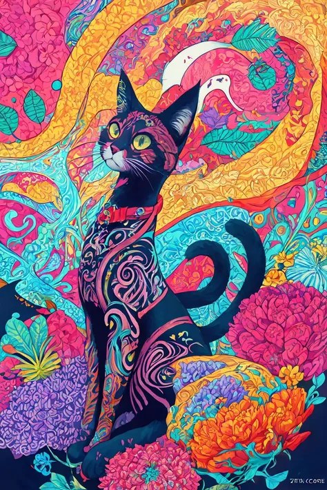 masterpiece, top quality, best quality, official art, beautiful and aesthetic, a wave scene and big weed buds around cat,(cat catcore:1.3), extremely detailed, fractal art, colorful flowers, highest detailed, zentangle, dynamic pose, abstract background, many colors, earrings, feathers