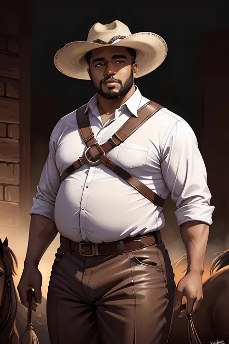 a beautiful dramatic epic painting of a chubby thicc black man wearing a cowboy hat and leather harness | background is a herd of wild horses | homoerotic, highly detailed, dramatic lighting | by Mark Maggiori, by William Herbert Dunton, by Charles Marion Russell | trending on artstation