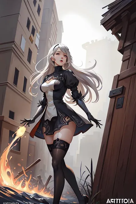 A2 from nier automata, long white hair, slim build, fair skin, dynamic pose, smooth, high detailed, artstation, digital illustration, splash art, fanart by artgerm