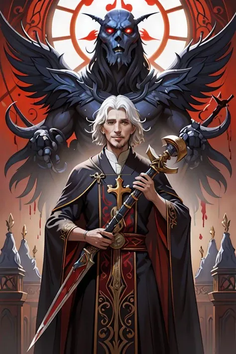a highly detailed illustration of white haired african priest, wearing cross on robe, wielding red blades made of blood, evil standing smiling pose, gothic church background, muscular, intricate, elegant, highly detailed, centered, digital painting, artstation, concept art, smooth, sharp focus, league of legends concept art, WLOP
