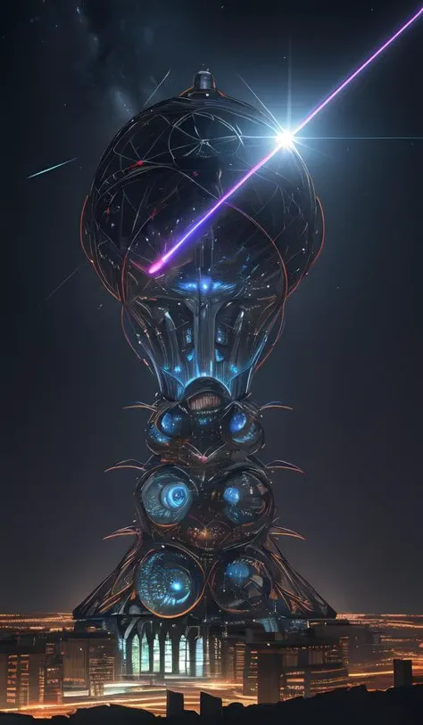 3 dimensional volumetric form of the sacred geometry of evil, made of lasers, projected across the night sky, 8 k, ultra realistic, lens flare, atmosphere, glow, detailed, intricate, full of colour, cinematic lighting, trending on artstation, 4 k, hyperrealistic, focused, extreme details, unreal engine 5, cinematic, masterpiece
