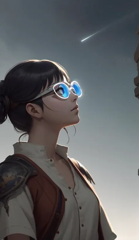 a young girl with bangs and wearing googles looking to the sky, cinematic lighting, dramatic atmosphere, studio lighting delicate features finely detailed perfect art, at an ancient city, gapmoe yandere grimdark, trending on pixiv fanbox, painted by greg rutkowski makoto shinkai takashi takeuchi studio ghibli