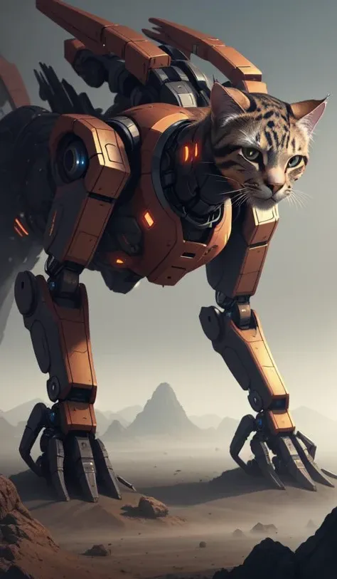 feline sentient robot inspired by mario feng and luis rollo, intricate, elegant, volumetric lighting, scenery, digital painting, highly detailed, artstation, sharp focus, illustration, concept art, octane render, 8 k, ultra hd, perfect light