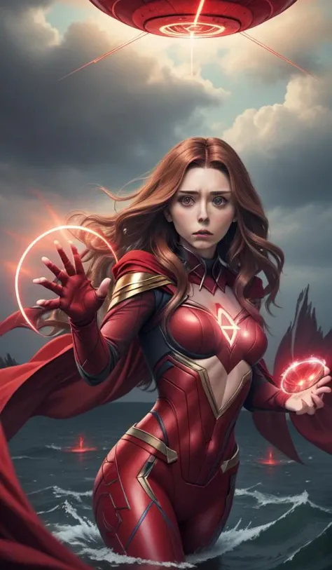 movie still of elizabeth olsen as the scarlet witch afloat!!!!! in the air with red glowing eyes, emanating meditating as red energy surrounds her!!!!!, full - body portrait, golden ratio!!!!!, centered, trending on artstation, 8 k quality, cgsociety contest winner, artstation hd, artstation hq, luminous lighting, beautiful cloudy atmosphere