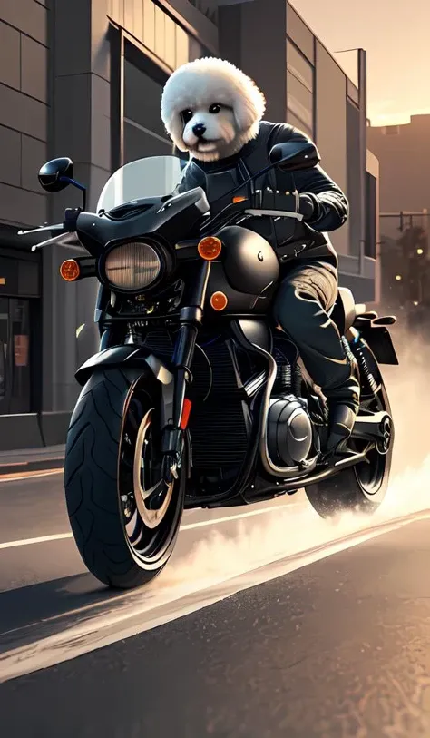a photorealistic image of bichon frise riding a black motorcycle in Hollywood at sundown. This 4K HD image is Trending on Artstation, featured on Behance, well-rendered, extra crisp, features intricate detail and the style of Unreal Engine.