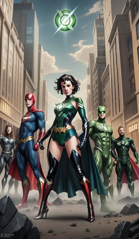 pinup photo of female green lantern from justice league in the crowded square of the city, asuna by a - 1 pictures, by by greg rutkowski, artgerm, gil elvgren, enoch bolles, glossy skin, pearlescent, anime, very coherent, sao style anime, flat