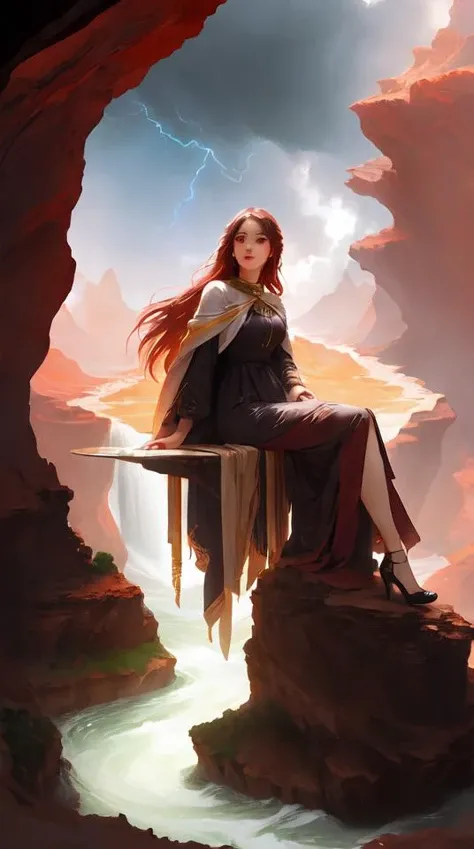 Celestial majestic luxurios futuristic other worldly realm with Singaporean royal gold lush volcano, set on Antelope Canyon with white thermal waters flowing down pink travertine terraces, relaxing, ethereal and dreamy, during the thunderstorms and multiversal tornado with chaotic disaster, visually stunning, from Star Trek 2021, illustration, by WLOP and Ruan Jia and Mandy Jurgens and William-Adolphe Bouguereau, Artgerm