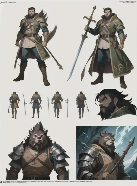 strong young man, bugbear ranger, black beard, dungeons and dragons, pathfinder, roleplaying game art, hunters gear, flaming sword, jeweled ornate leather armour, concept art, character design on white background, by studio ghibli, makoto shinkai, kim jung giu, poster art, game art, rendered