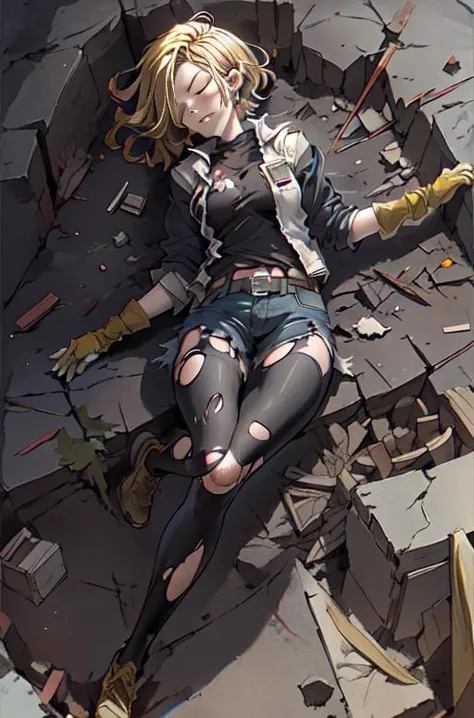 android_18, and18, 1girl,(masterpiece, best quality:1.2),full body,(and18:1.5),blonde hair, jewelry, earrings,short hair,(torn to pieces:1.3), belt, mini skirt, black pantyhose,messy hair,black gloves,large breasts, closed mouth, vest, long sleeves,, yamachapose, lying, on side, closed eyes,(inside a very long huge crater),scattered rubble,OC illustration, <lora:OC:1>