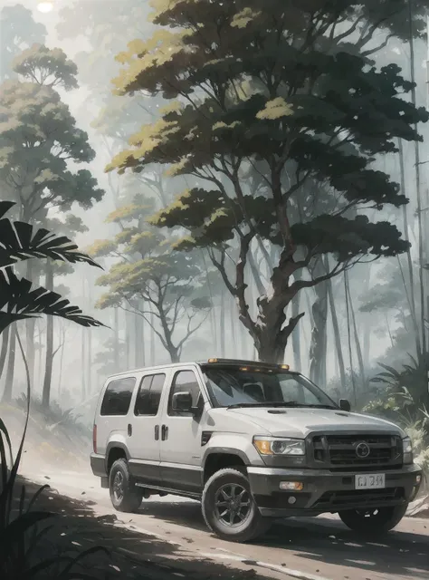 an armored vehicle driving through the jungle, dramatic lighting, illustration by Greg rutkowski, yoji shinkawa, 4k, digital art, concept art, trending on artstation