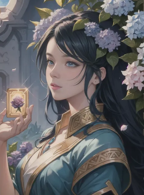 blue hair goddess imprisoned of light through hydrangeas flowers, soft rose and dried petals d & d, fantasy, intricate, elegant, highly detailed, digital painting, artstation, concept art, matte, sharp focus, illustration, hearthstone, art by artgerm and greg rutkowski and alphonse mucha
