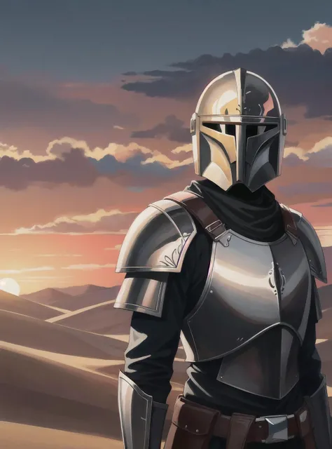 medieval russian black knight armour with Mandalorian helmet, ornate filigree armor, desert dunes, sunset clouds, sunset halo behind head,