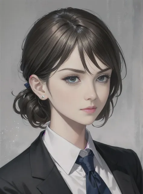 woman in black business suit, light brown neat hair, pixiv, fanbox, trending on artstation, portrait, digital art, modern, sleek, highly detailed, formal, serious, determined, lawyer, colorized, smooth, charming, prett
