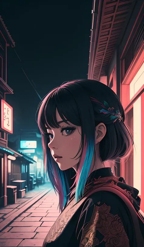 Abstract, 8K, photo shot from front, mid-body portrait, highly-detailed, (flat color:1.1),(colorful:1.3),(masterpiece:1.2), best quality, masterpiece, original, extremely detailed wallpaper, looking at viewer, oriental city,eastern architecture,a lot of details,mysterious expression, in a modern and abstract setting, with bold and colorful abstract art, blurred background, bright lighting,