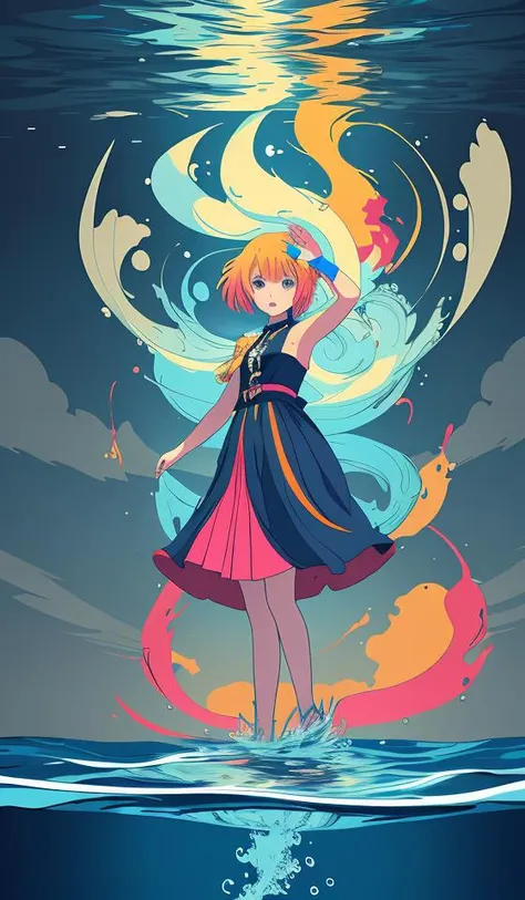 (masterpiece, best quality:1.3), (flat color:1.3),(colorful:1.3),looking at viewer,1girl,solo,floating colorful water,(2D:1.3)