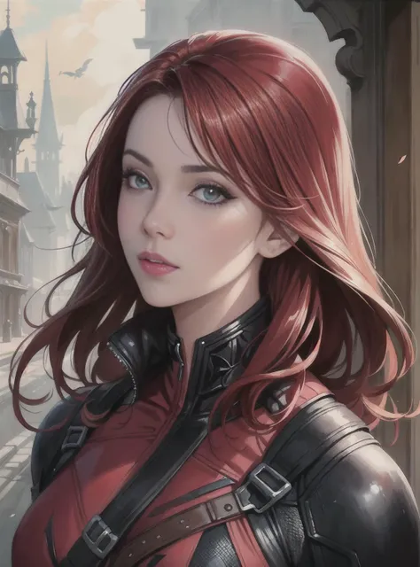 portrait of a girl wearing deadpool costumes, upper body, red hair, long hair, d & d, fantasy, fierce, sharp features, intricate, elegant, highly detailed, digital painting, artstation, concept art, matte, sharp focus, illustration, art by artgerm and greg rutkowski and alphonse mucha