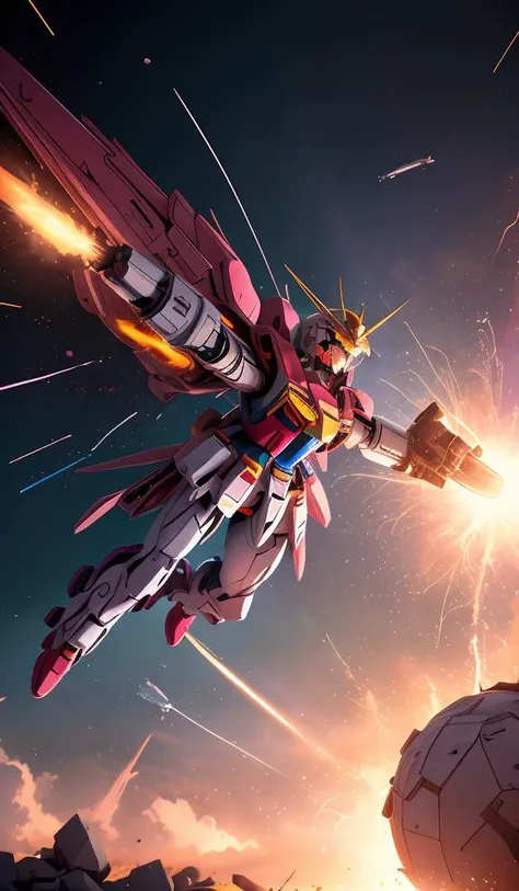 a matte cute pink gundam, (flying away from an explosion:1.4), cinematic lens flare, bloom, dynamic lighting, massive fireball, 4k vfx,abstract dream, space, intricate, grand scale, alone, cinematic film still, insane detail, sharp focus, depth of field, realistic lighting, (realistic perspective), complex, (multiple subjects), 4k HDR,<lora:add_detail:0.5> <lora:more_details:0.25> <lora:20230530123038:0.25>