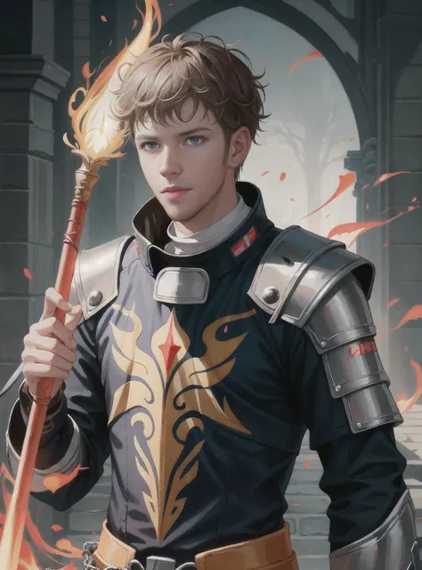 Sebastian Vettel wearing a chainmail tunic holding a glowing fire magical staff. Trending on Artstation, octane render, ultra detailed, art by Ross tran
