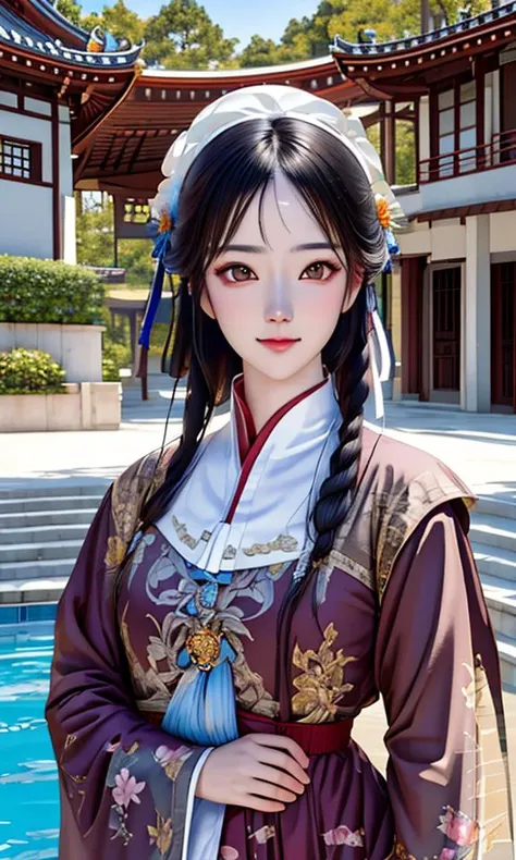 (Realistic:1.5),(raw photo:1.2), (photorealistic:1.2),(masterpiece:1.2), best quality, highest quality, extremely detailed CG unity 8k wallpaper, detailed and intricate, original,highres, (detailed face:1.2),film grain, Fujifilm XT3, (high detailed skin:0.9), 8k, ulzzang-6500-v1.1,detailed eyes,,Beautiful face,
portrait,sanmei<lora:Threesister-sanmei:1>,fasion,walking,building,pool,temple,thigh,