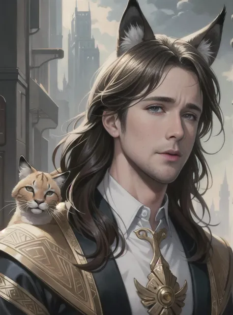 Muscular Ryan Gosling holding cute caracal, portrait, sci-fi, fantasy, intricate, elegant, highly detailed, digital painting, artstation, concept art, smooth, sharp focus, illustration, art by artgerm and greg rutkowski and alphonse mucha