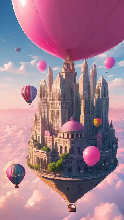 giant pink balloon,cities floating on balloons,magnificent clouds,pink theme,