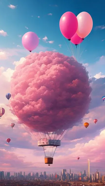 giant pink balloon,cities floating on balloons,magnificent clouds,pink theme,