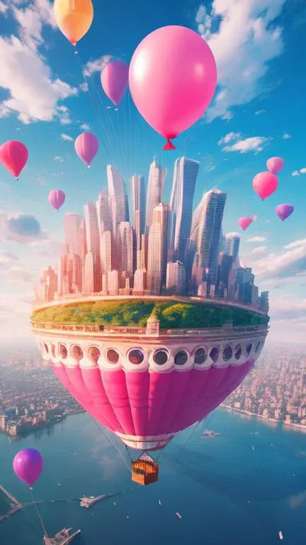 giant pink balloon,cities floating on balloons,magnificent clouds,pink theme,