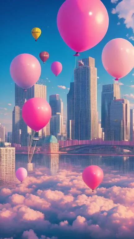giant pink balloon,cities floating on balloons,magnificent clouds,pink theme,