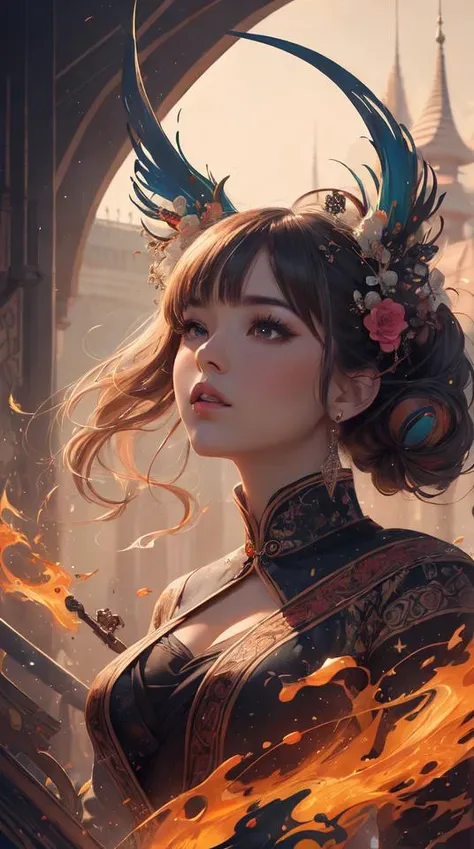 aesthetic,masterpiece,photorealistic,entangle,mandala,tangle,entangle,ecstasy of flower,dynamic angle,the most beautiful form of chaos,elegant,a brutalist designed,vivid colours,romanticism,atmospheric,(fluttered detailed ink splashs), (illustration),1girl,(long hair),electronics, motors, wires, buttons, lcd,lacivious pose,(expressionless ,hair ornament:1.4)chinese clothes,(focus on), color Ink wash painting,(ink splashing),color splashing,((colorful)),[sketch], Masterpiece,best quality, beautifully painted,highly detailed,(denoising:0.7),[splash ink],yin yang,a lot of details,mysterious expression, in a modern and abstract setting, with bold and colorful abstract art, photo shot from front,highly-detailed, (flat color:1.1),(colorful:1.3),(masterpiece:1.2), best quality, masterpiece, original, extremely detailed wallpaper,from everywhere, looking at viewer,upper body, full body,
there is an ancient palace beside the girl,oriental city,eastern architecture,a lot of details,mysterious expression, in a modern and abstract setting, with bold and colorful abstract art,bright lighting,movie studio (analog film:1.3) (vhs movie) (photorealistic) (screencap) (cinematic lighting) (sharp focus) (80sDarkFantasySD15b:1.0),,natural lights, photorealism, cinematic,