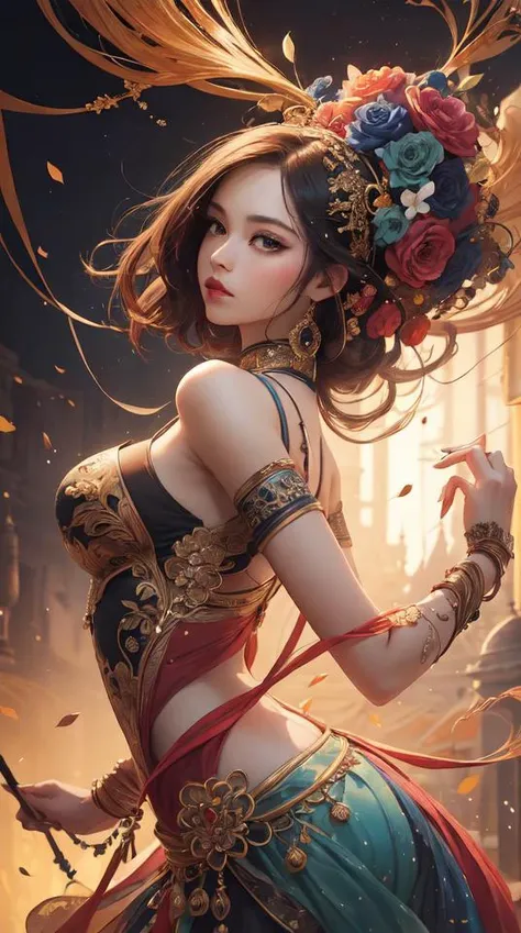 Best quality,masterpiece,ultra-detailed high res,(photorealistic:1.4),raw photo,,illustration,
1girl dancing,(solo:1.2),(cowboy shot:1.2),(hair crown:1.2),Traditional chinese dunhuang style clothes,Strapless,(red eyeliner:1.2),(big breasts:1.4), earrings,dynamic angle,Opera House,messy_long_hair,ink,cinematic lighting,lens_flare,Velvet,chrysanthemum,Tassel,Ribbon,color embroidery,