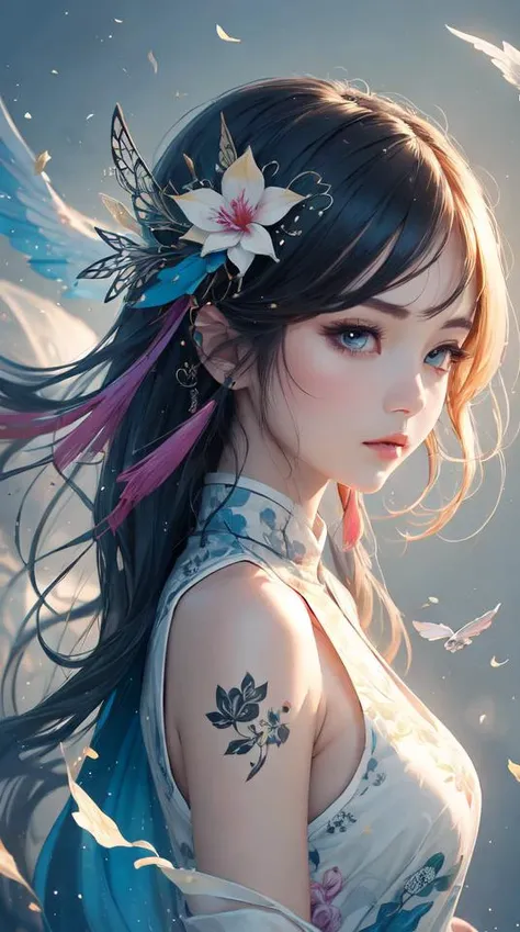 dramatic angle,(fluttered detailed ink splashs), (illustration),(((1 girl))),(long hair),(rain:0.6),(expressionless ,hair ornament:1.4),there is an ancient palace beside the girl,chinese clothes,(focus on), color Ink wash painting,(ink splashing),color splashing,((colorful)),[sketch], Masterpiece,best quality, beautifully painted,highly detailed,(denoising:0.7),[splash ink],yin yang