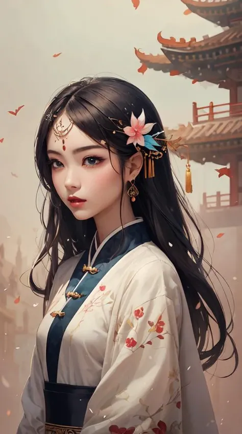 dramatic angle,(fluttered detailed ink splashs), (illustration),(((1 girl))),(long hair),(rain:0.6),(expressionless ,hair ornament:1.4),there is an ancient palace beside the girl,chinese clothes,(focus on), color Ink wash painting,(ink splashing),color splashing,((colorful)),[sketch], Masterpiece,best quality, beautifully painted,highly detailed,(denoising:0.7),[splash ink],yin yang