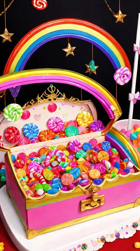 A candy rainbow bridge with lollipop rails and gumdrop arches, leading to a treasure chest overflowing with ral-bling sweets.