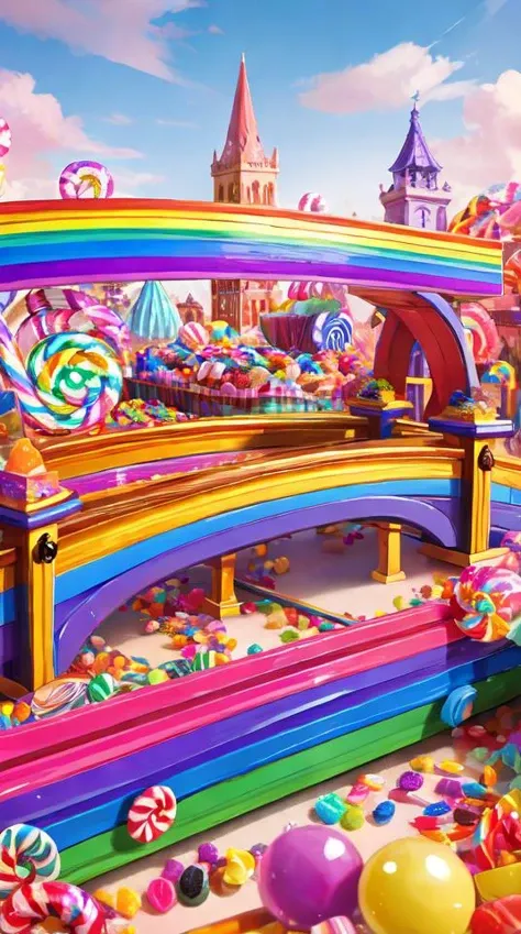 A candy rainbow bridge with lollipop rails and gumdrop arches, leading to a treasure chest overflowing with ral-bling sweets.