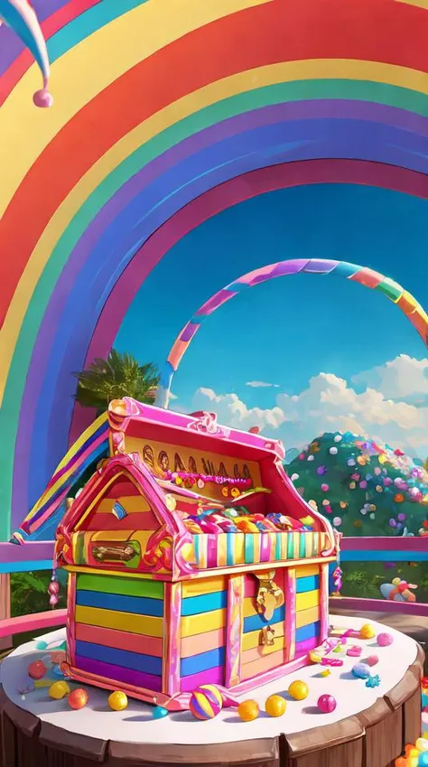 A candy rainbow bridge with lollipop rails and gumdrop arches, leading to a treasure chest overflowing with ral-bling sweets.