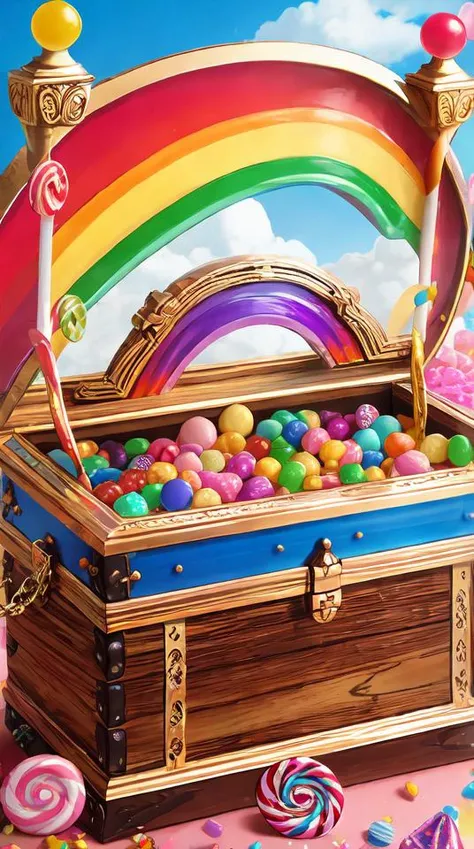 A candy rainbow bridge with lollipop rails and gumdrop arches, leading to a treasure chest overflowing with ral-bling sweets.