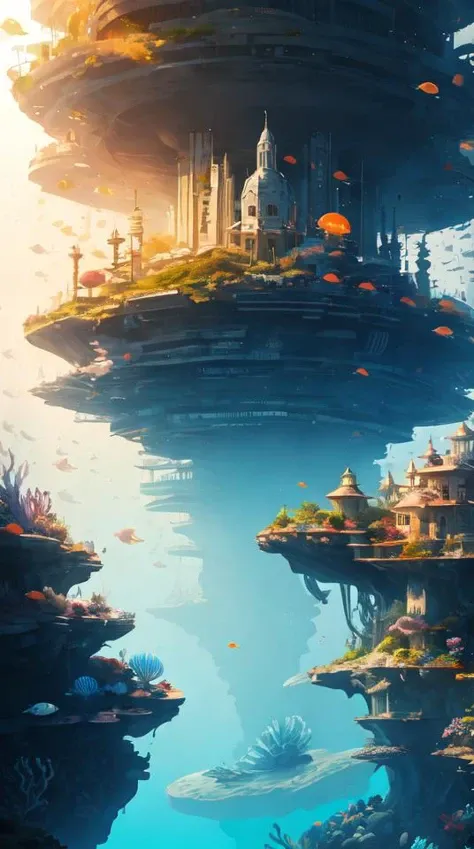 a giant city under the sea,architecture,blue spot,many pure jellyfish,orange light,