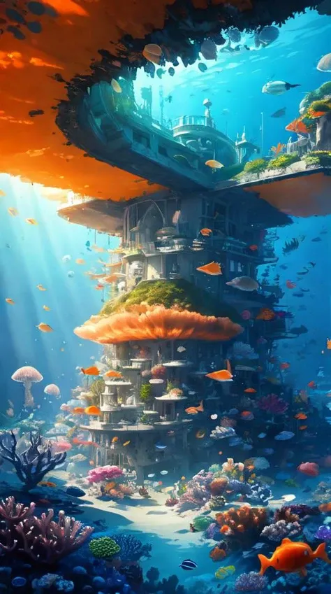 a giant city under the sea,architecture,blue spot,many pure jellyfish,orange light,