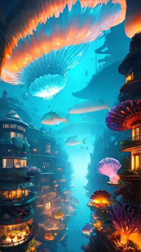 a giant city under the sea,architecture,blue spot,many pure jellyfish,orange light,