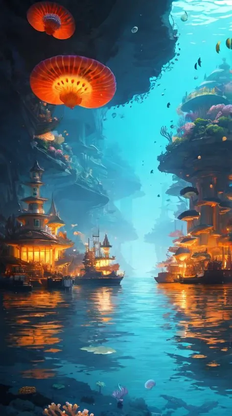 a giant city under the sea,architecture,blue spot,many pure jellyfish,orange light,