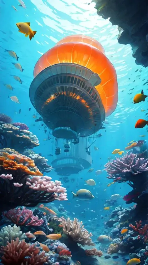 a giant city under the sea,architecture,blue spot,many pure jellyfish,orange light,