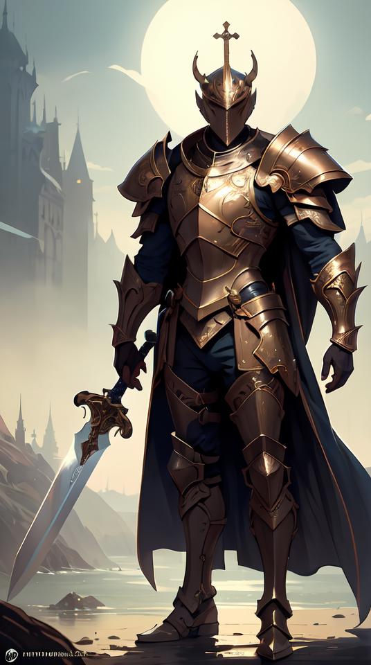 A man in armor holding a sword standing in front of a castle - SeaArt AI