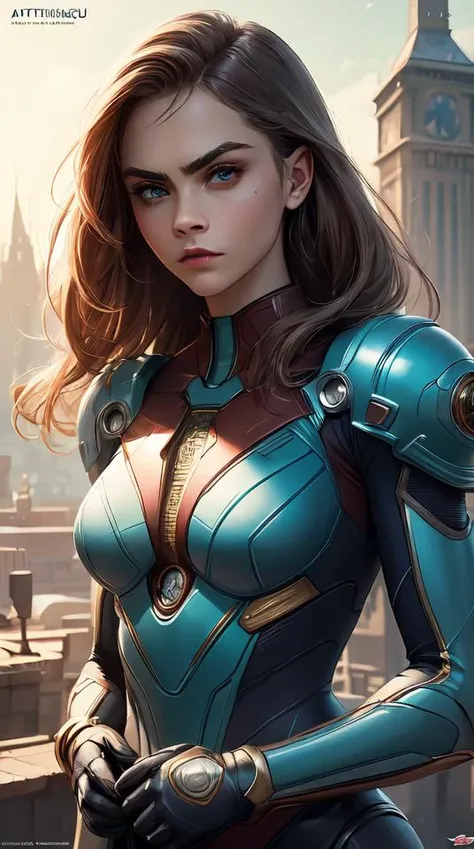 Symmetric movie poster of Cara delevingne as Samus Aran , Epic Fantasy cover art, ultra wide lens shot,cinematic lighting, beautiful,art by Artgerm and Greg Rutkowski and Alphonse Mucha