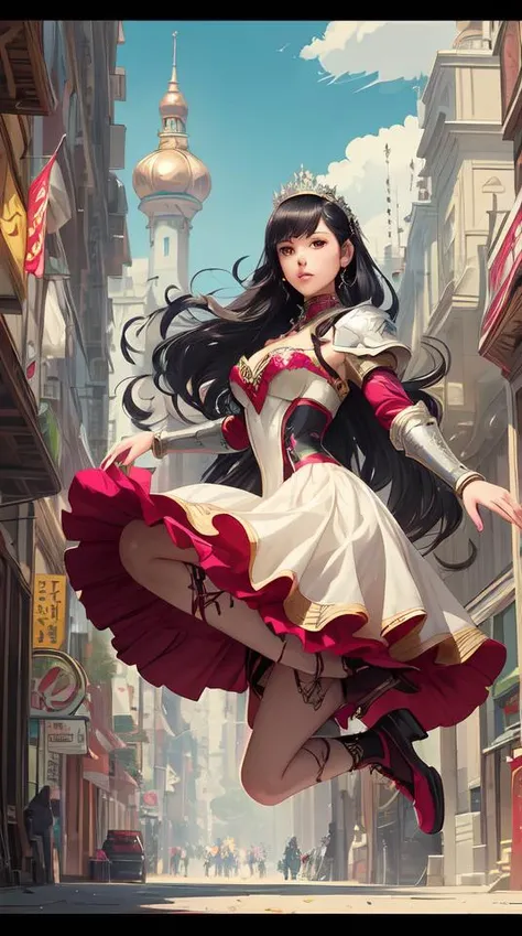 highly detailed terada katsuya artgerm artstation final fantasy minaba hideo manga poster of princess mechine, long hair, armor, dress, laces, ruffles, 8 k, fluorescent, maximalist, jump comics, tomer hanuka, alphonse mucha