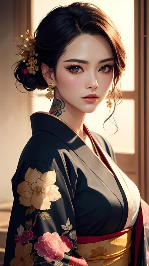portrait of an elegant beauty yakuza tattooed, ::traditional colorful kimono:: defiant look attitude, cinematic lighting, golden hour, Crewson style shadowing , ultra-detailed, sharp focus, highly detailed, sharp focus, golden background with flowers, photorealism, style of Hajime Sorayama, art by Hirothropologie , artgerm and Patrick DeMarchelier