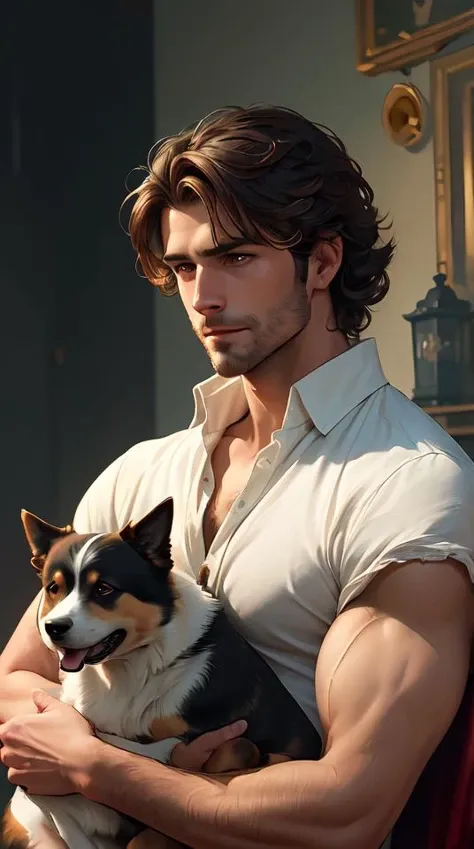 portrait of a young, ruggedly handsome man holding a corgi dog, soft hair, muscular, half body, cloth, hairy, d & d, fantasy, intricate, elegant, highly detailed, digital painting, artstation, concept art, smooth, sharp focus, illustration, art by artgerm and greg rutkowski and alphonse mucha